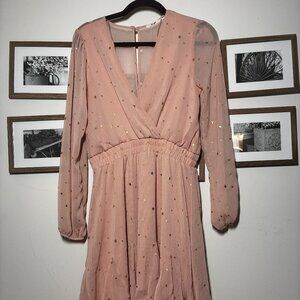 Francesca’s Pink Long Sleeve Wrap Dress with Gold Star Print